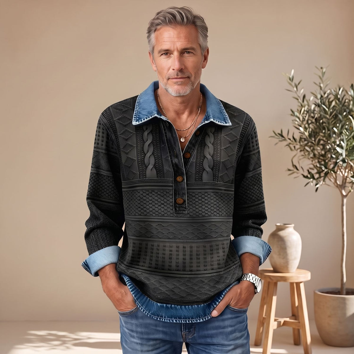 Men's Polo Collar Pullover Sweatshirt Half-Button Textured Top - Gray