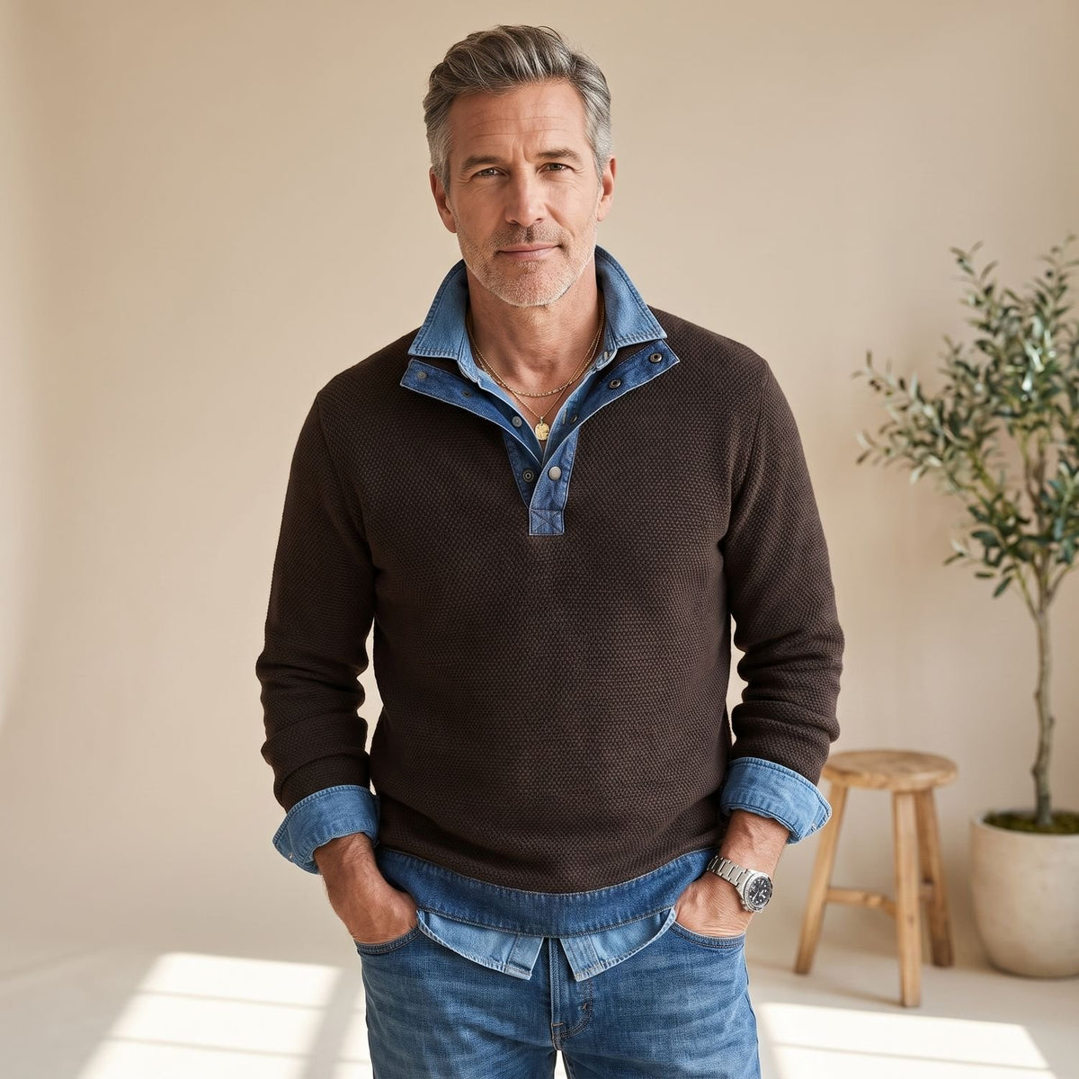 Men's Polo Collar Pullover Sweatshirt Half-Button Textured Top - Coffee