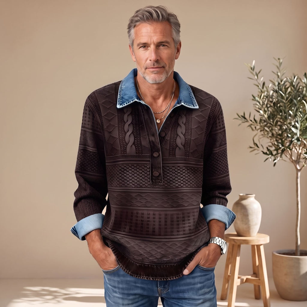Men's Polo Collar Pullover Sweatshirt Half-Button Textured Top