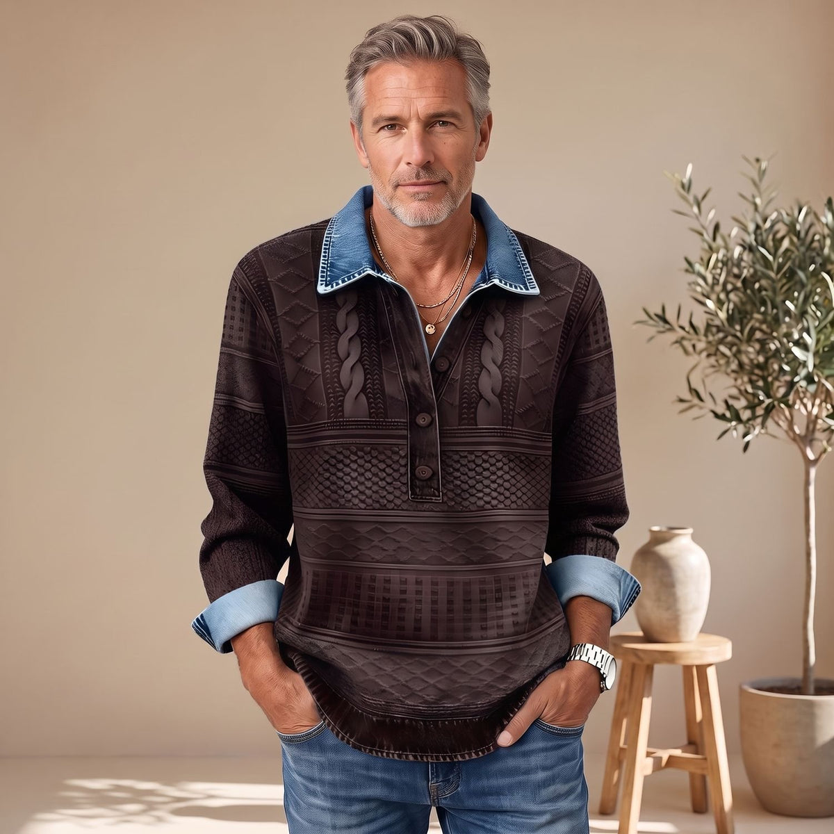 Men's Polo Collar Pullover Sweatshirt Half-Button Textured Top