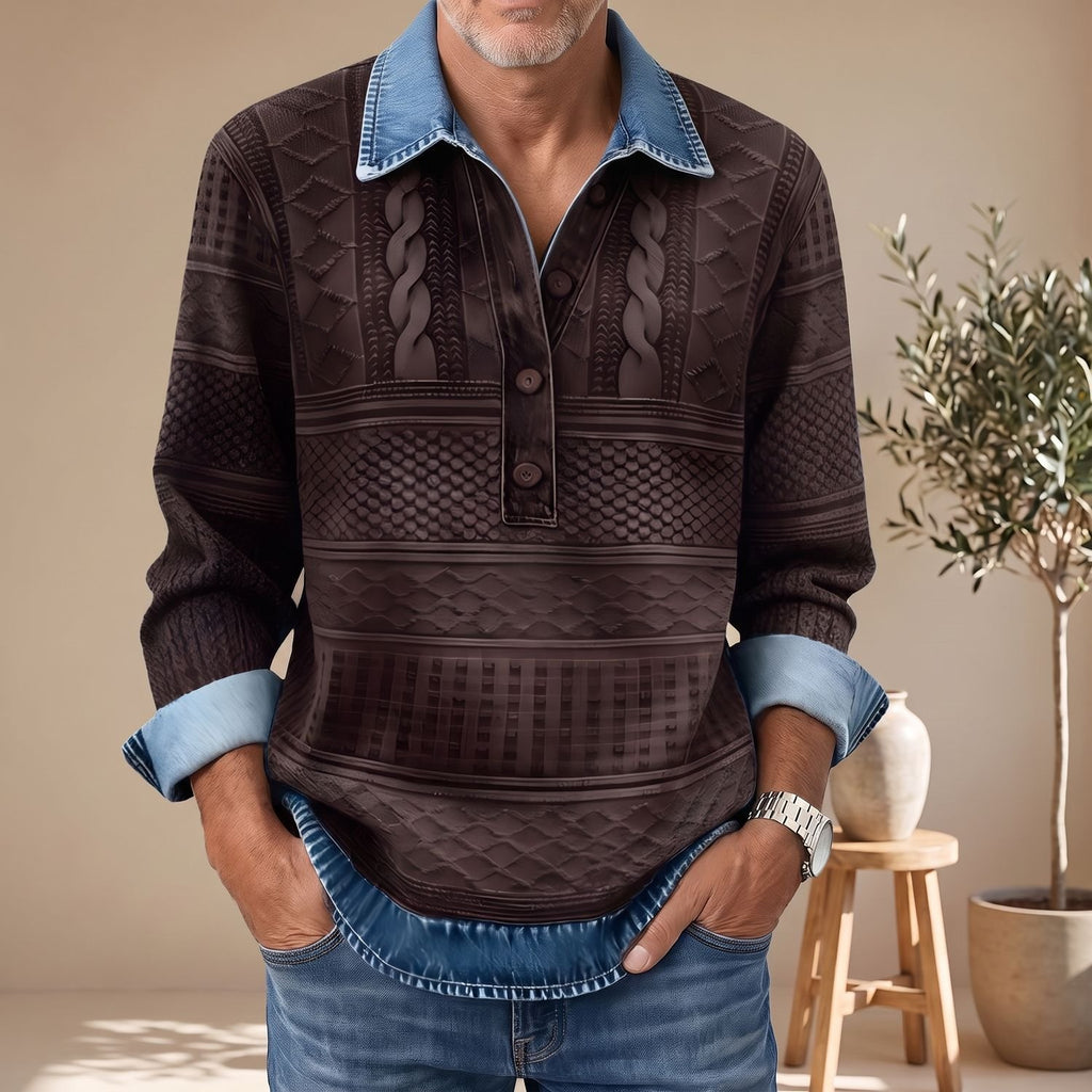 Men's Polo Collar Pullover Sweatshirt Half-Button Textured Top