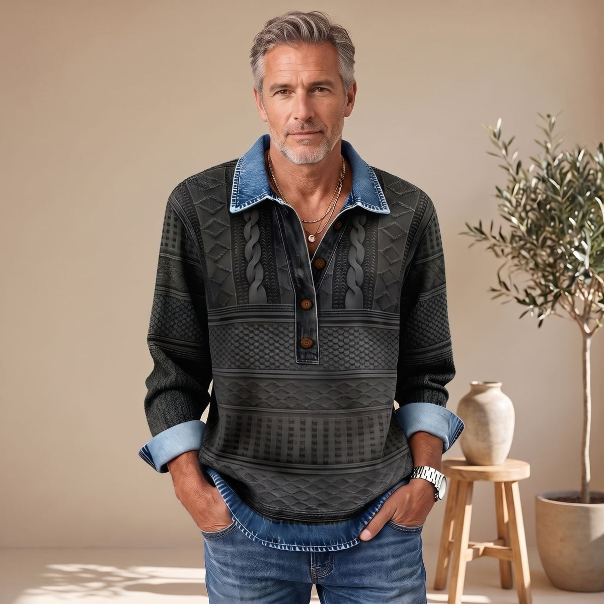 Men's Polo Collar Pullover Sweatshirt Half-Button Textured Top