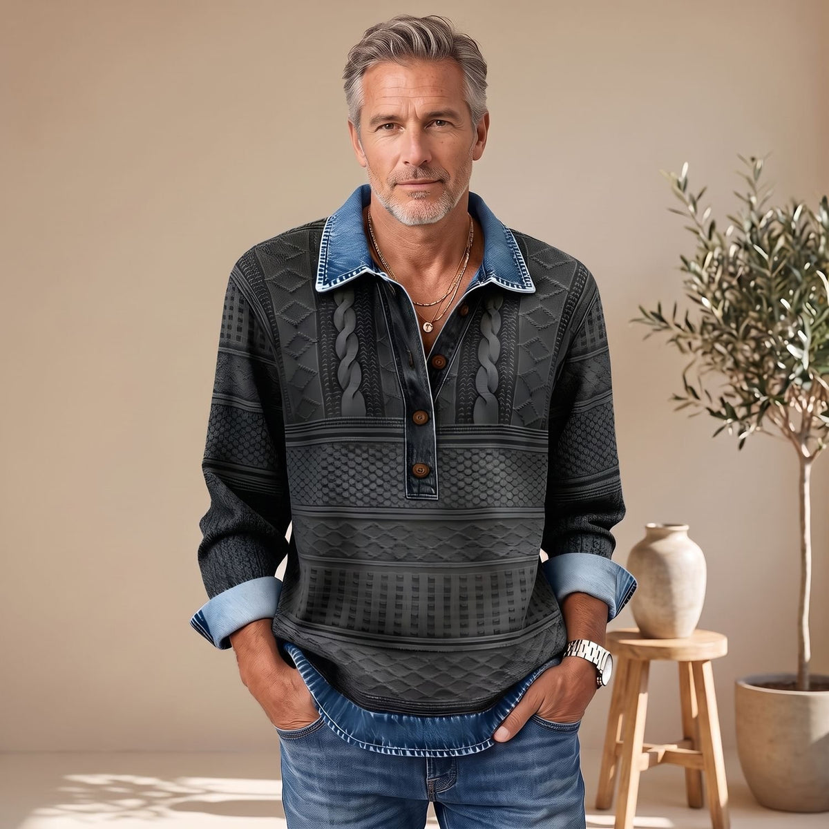 Men's Polo Collar Pullover Sweatshirt Half-Button Textured Top