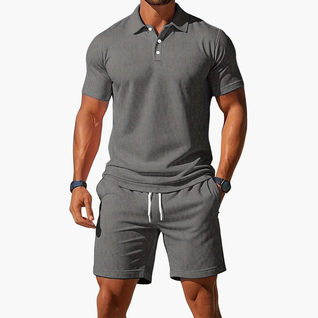 Men's Polo Short Set Drawstring Shorts Lounge Wear - Light Gray