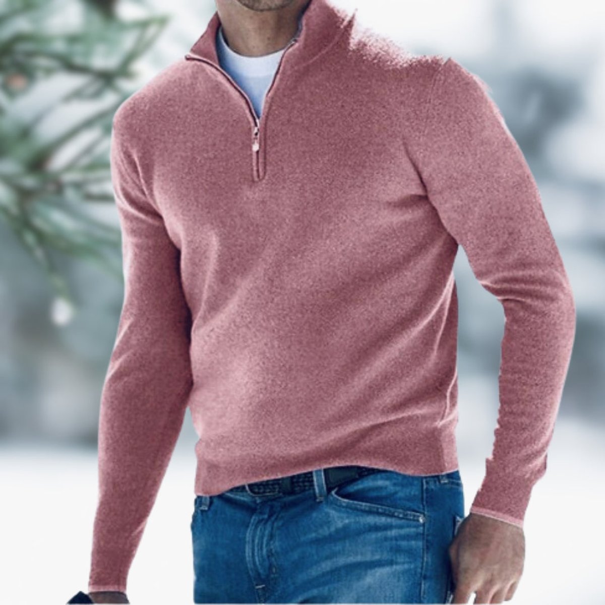 Men's Quarter-Zip Knit Sweater Long Sleeve Pullover - Pink