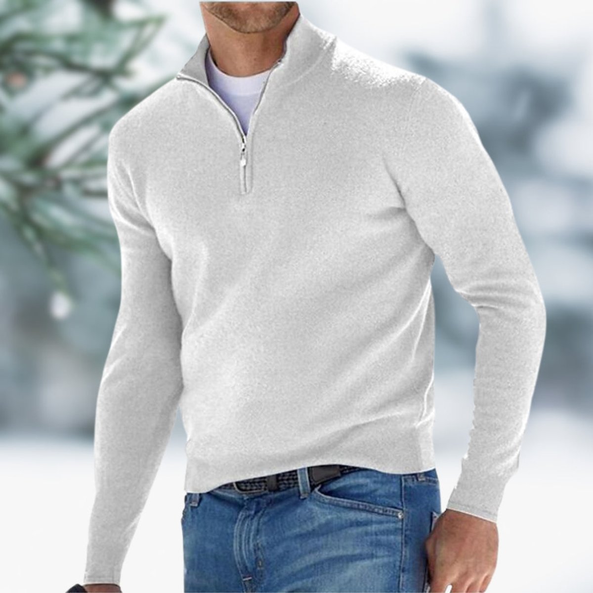 Men's Quarter-Zip Knit Sweater Long Sleeve Pullover - White