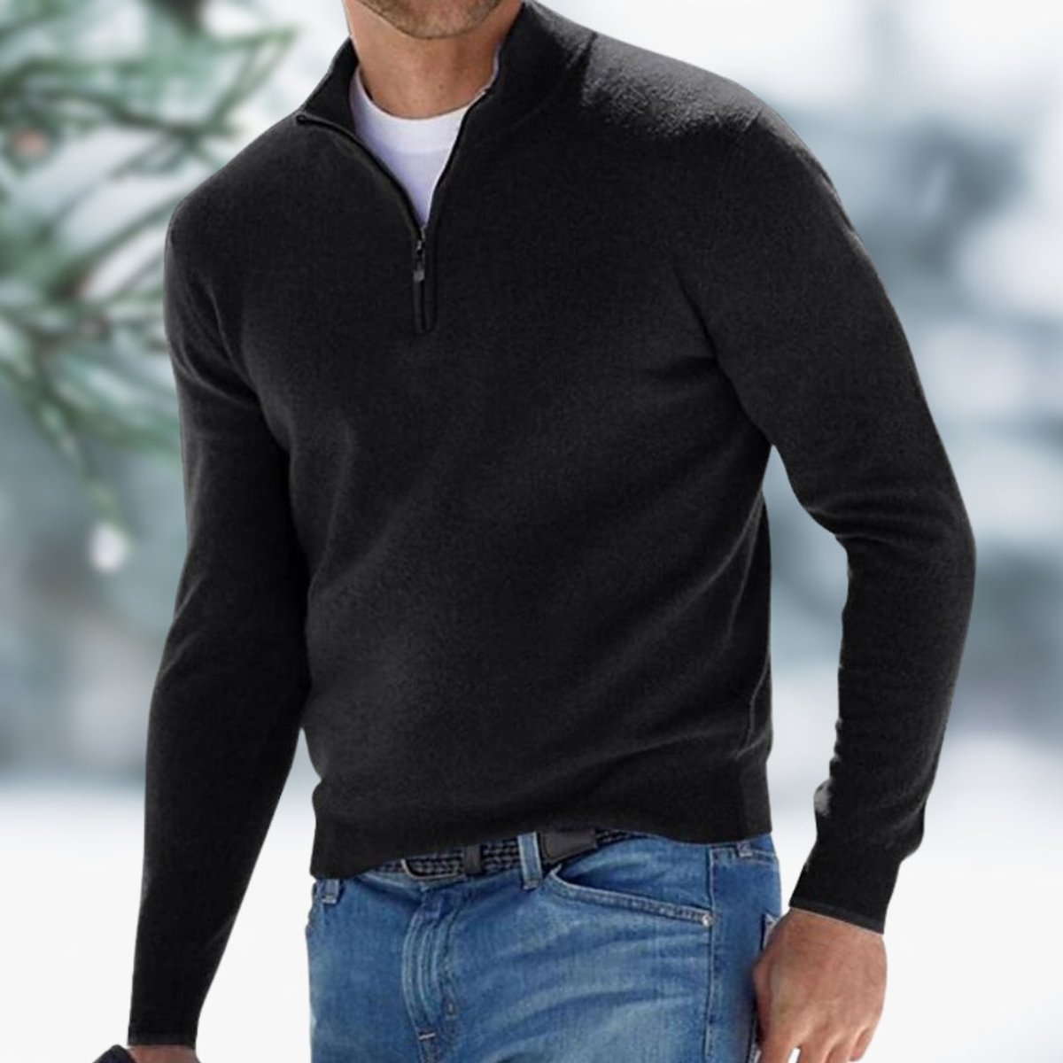 Men's Quarter-Zip Knit Sweater Long Sleeve Pullover - Black