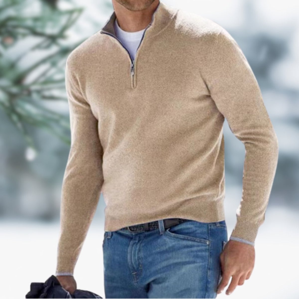 Men's Quarter-Zip Knit Sweater Long Sleeve Pullover - Apricot