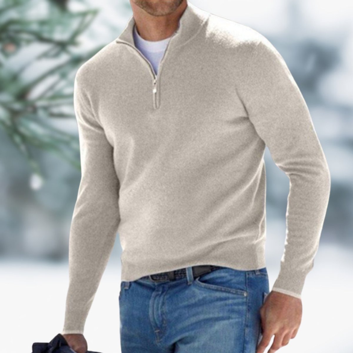 Men's Quarter-Zip Knit Sweater Long Sleeve Pullover - Khaki