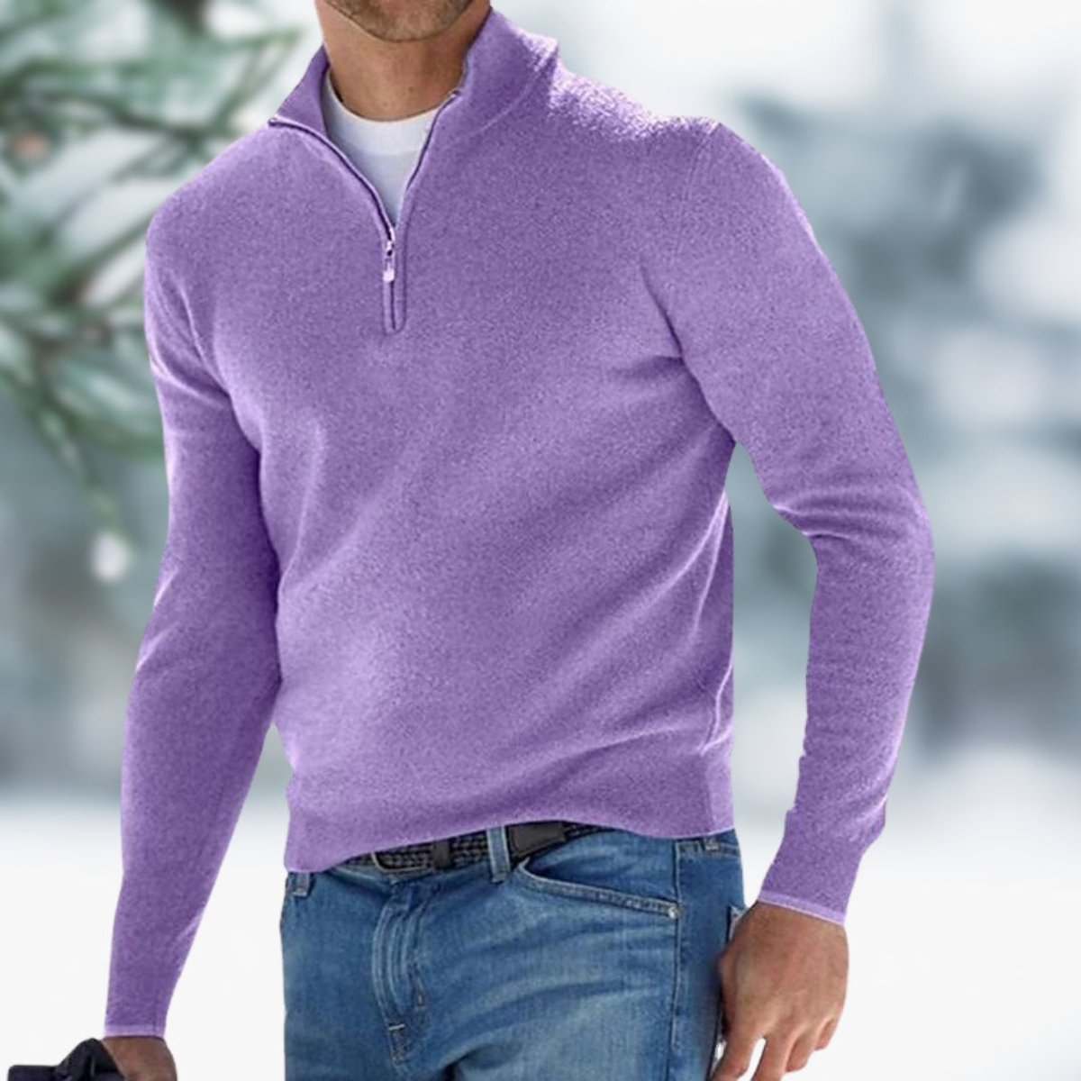 Men's Quarter-Zip Knit Sweater Long Sleeve Pullover - Light Purple