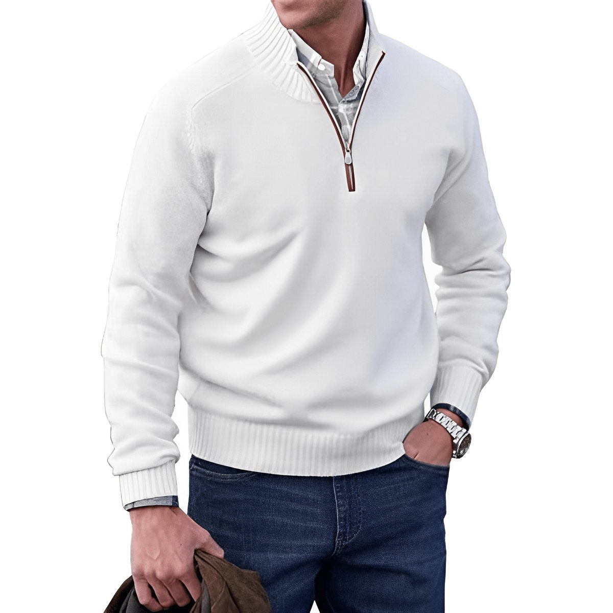 Men's Quarter-Zip Long-Sleeve Knit Pullover Sweater - White