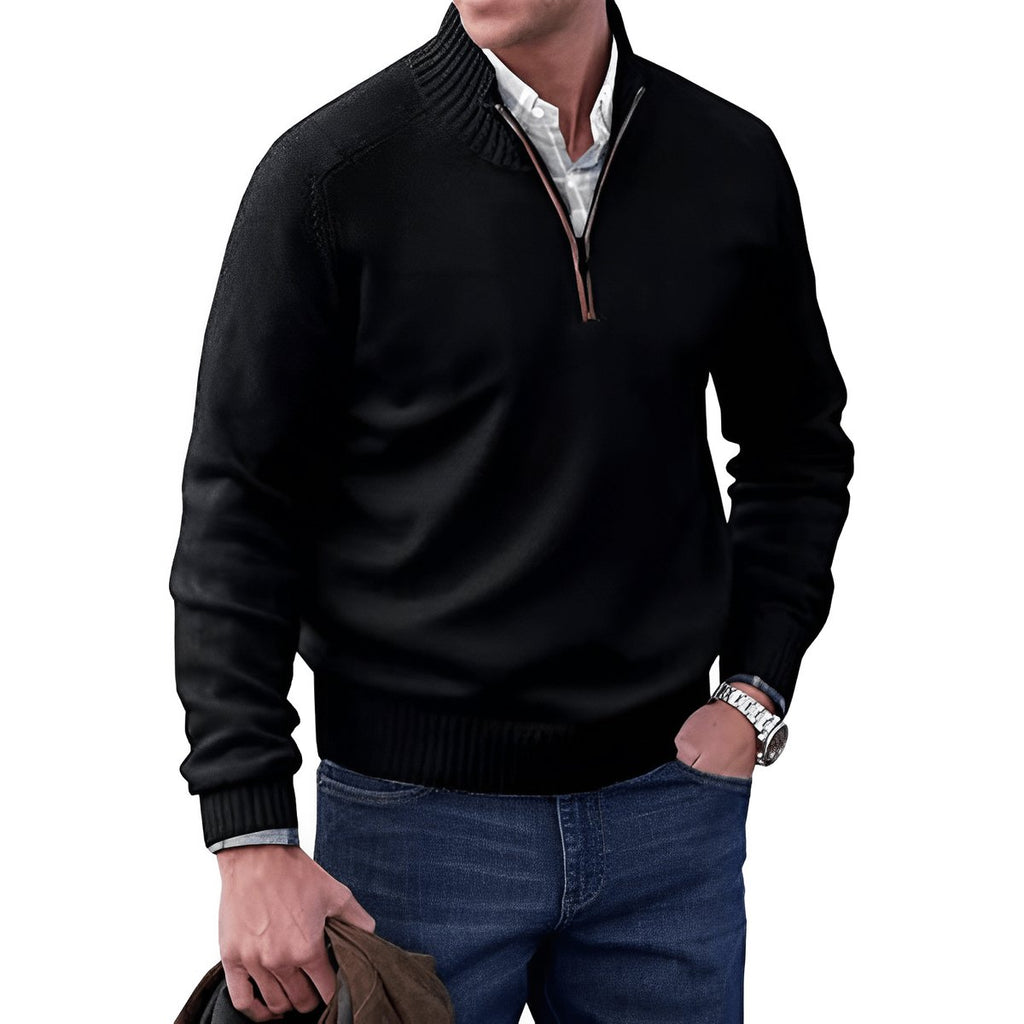 Men's Quarter-Zip Long-Sleeve Knit Pullover Sweater - Black