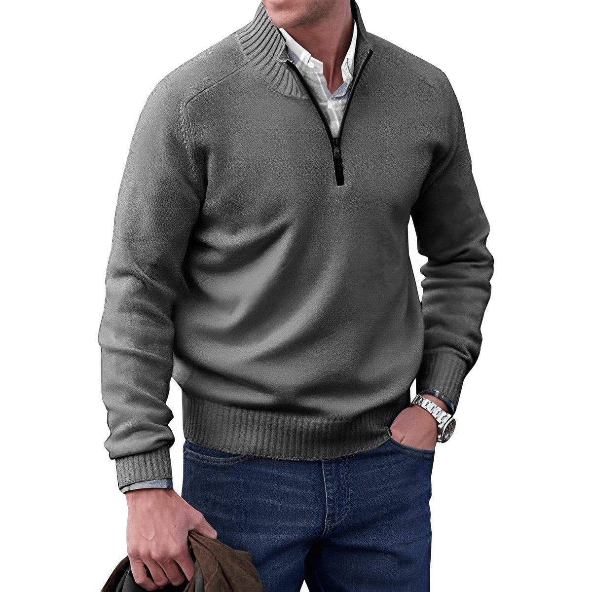 Men's Quarter-Zip Long-Sleeve Knit Pullover Sweater - Dark Grey