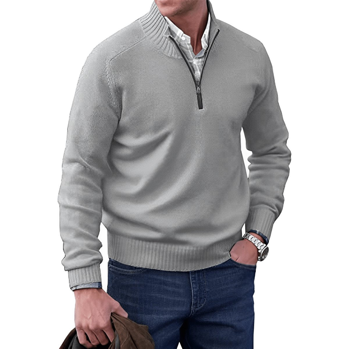 Men's Quarter-Zip Long-Sleeve Knit Pullover Sweater - Light Grey