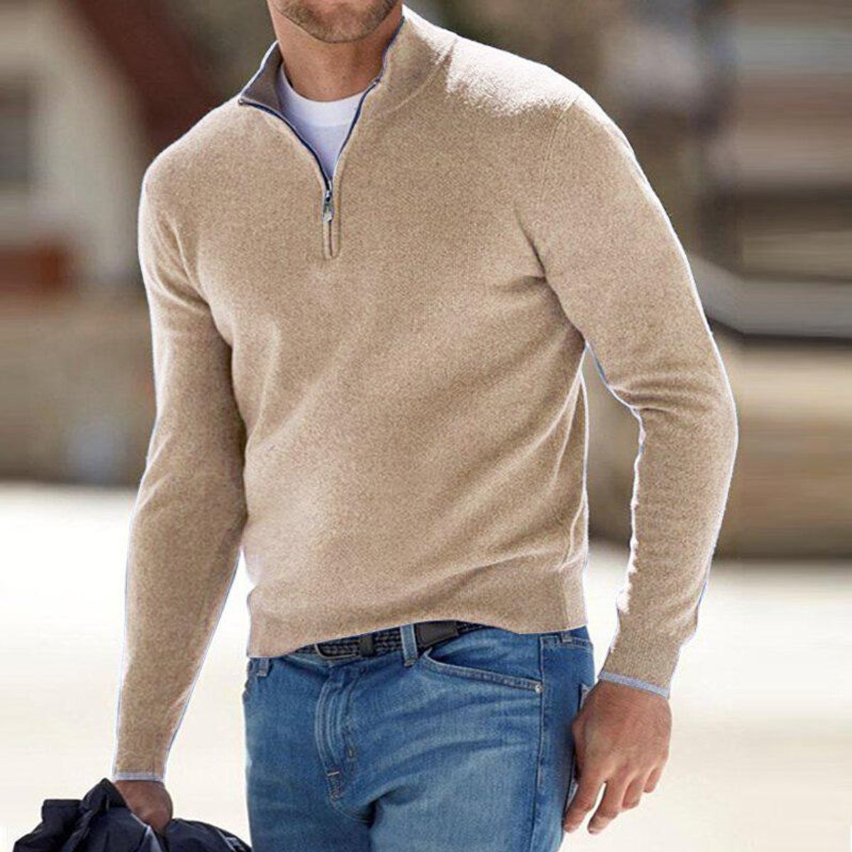 Men's Quarter-Zip Ribbed Knit Sweater Pullover - Beige