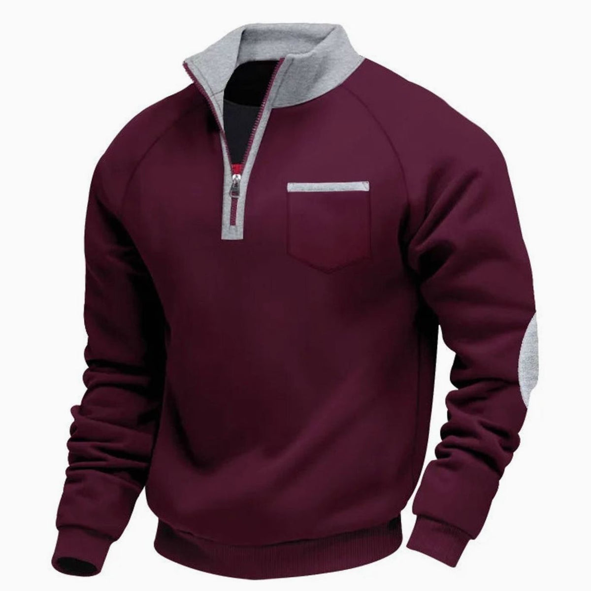 Men's Quarter-Zip Stand-Collar Pullover Sweatshirt - Wine Red