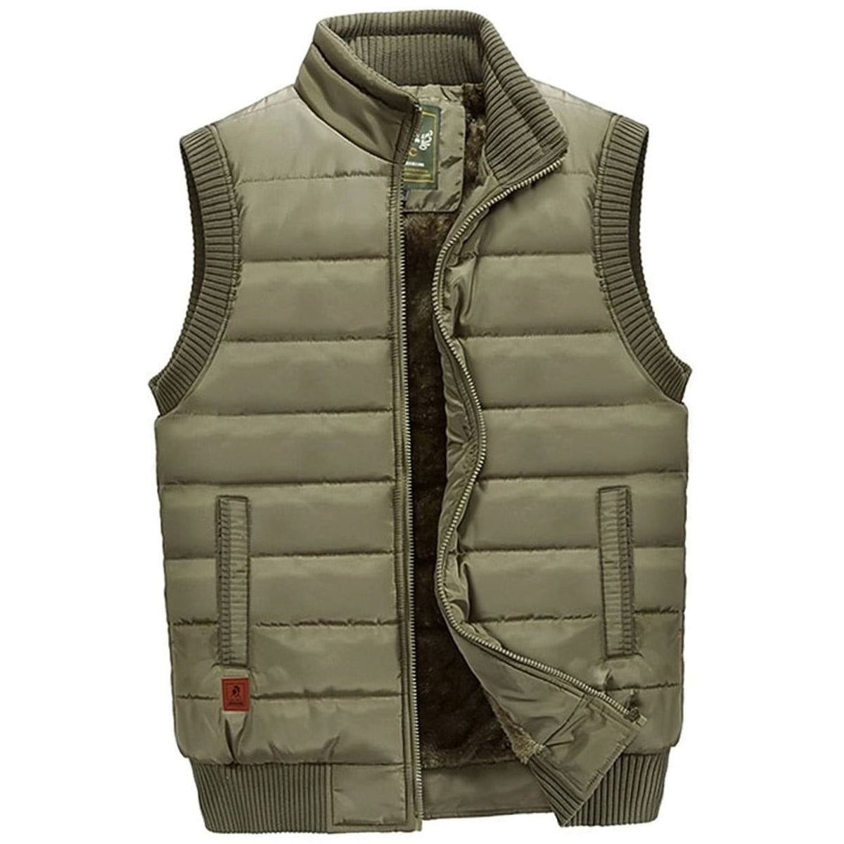 Men's Quilted Fleece-Lined Stand-Collar Puffer Vest - Khaki