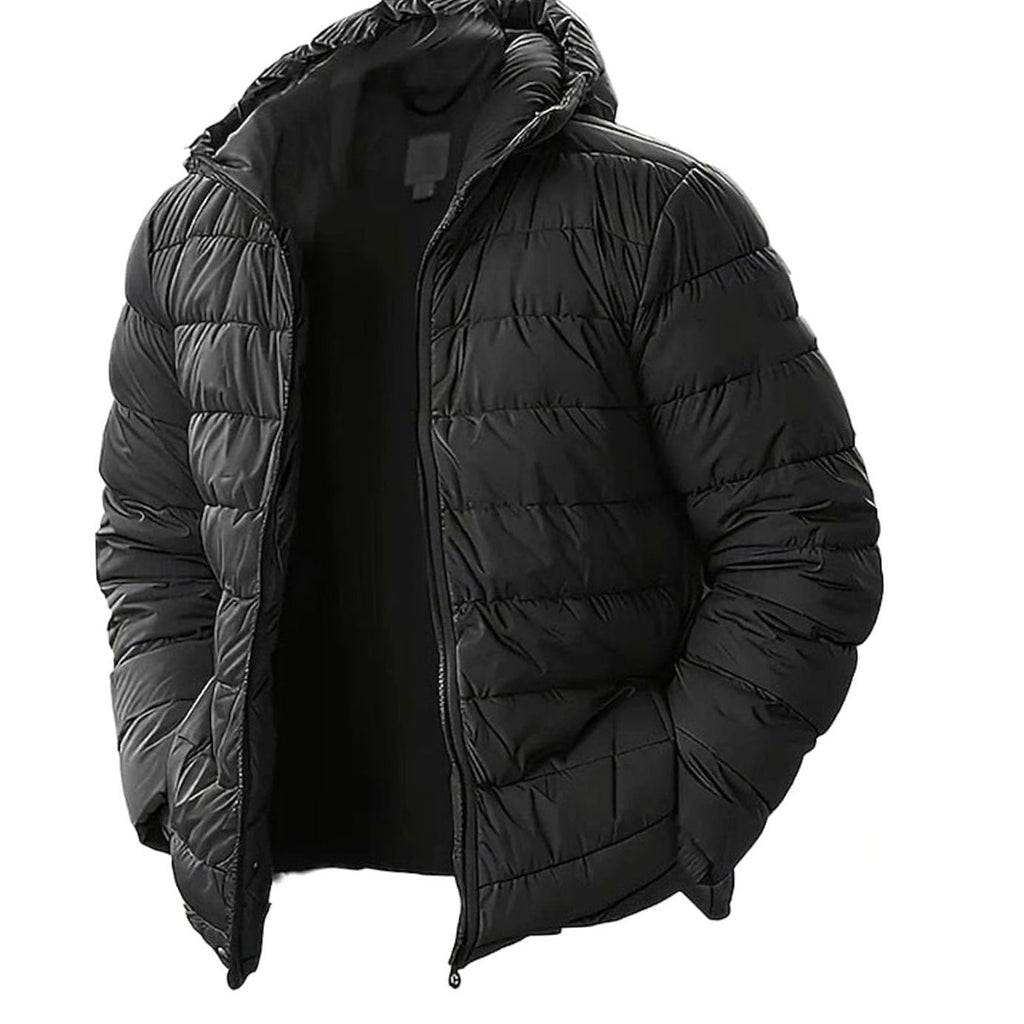 Men's Quilted Hooded Coated Puffer Jacket - Black