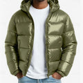 Men's Quilted Hooded Coated Puffer Jacket, Olive Green - Green
