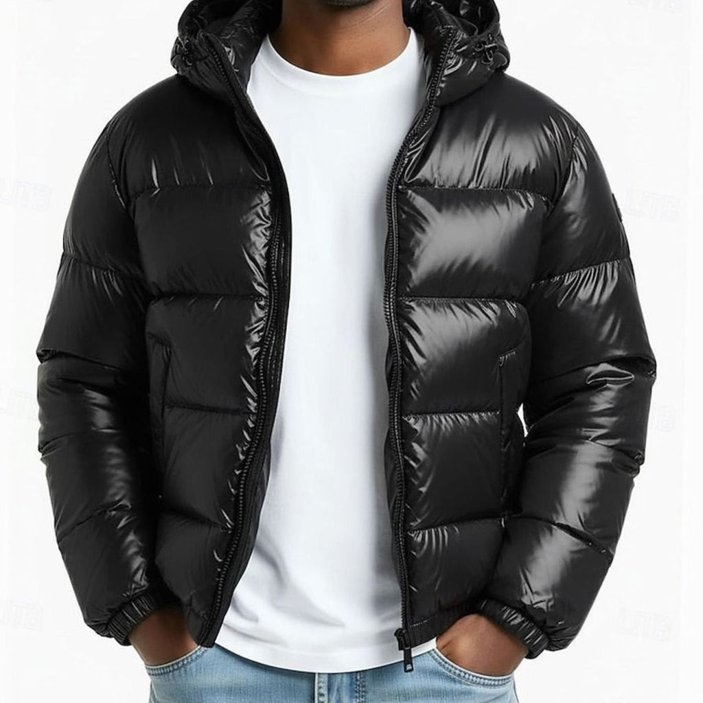 Men's Quilted Hooded Coated Puffer Jacket, Olive Green - Black