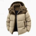 Men's Quilted Hooded Two-Tone Corduroy Puffer Jacket - Khaki