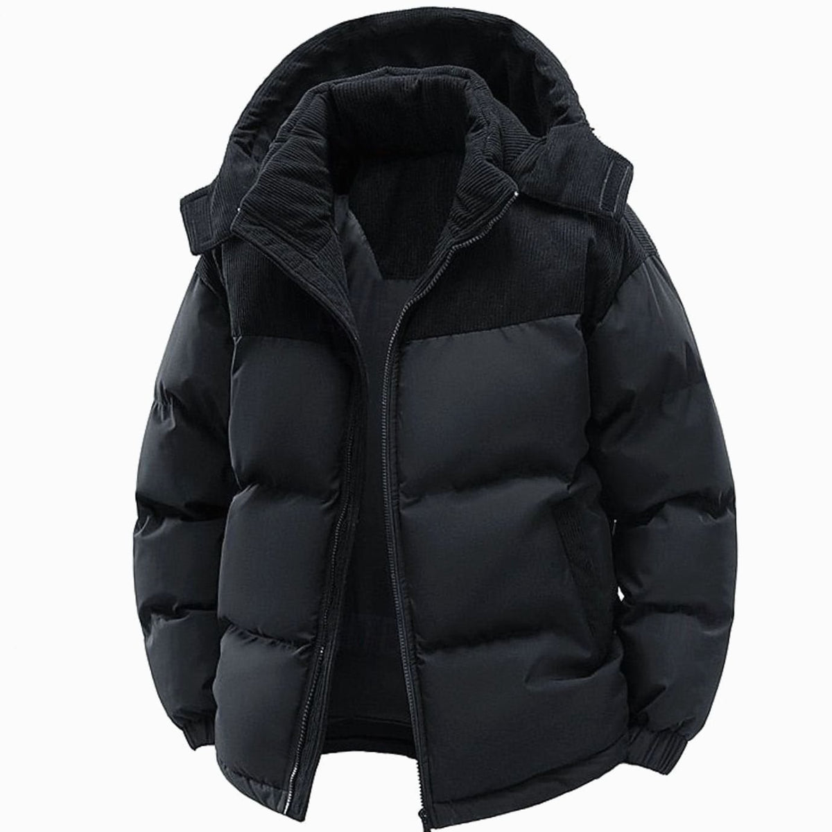 Men's Quilted Hooded Two-Tone Corduroy Puffer Jacket - Black