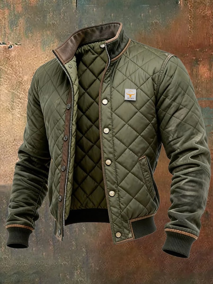 Men's Quilted Jacket Insulated Stand Collar Bomber - Green