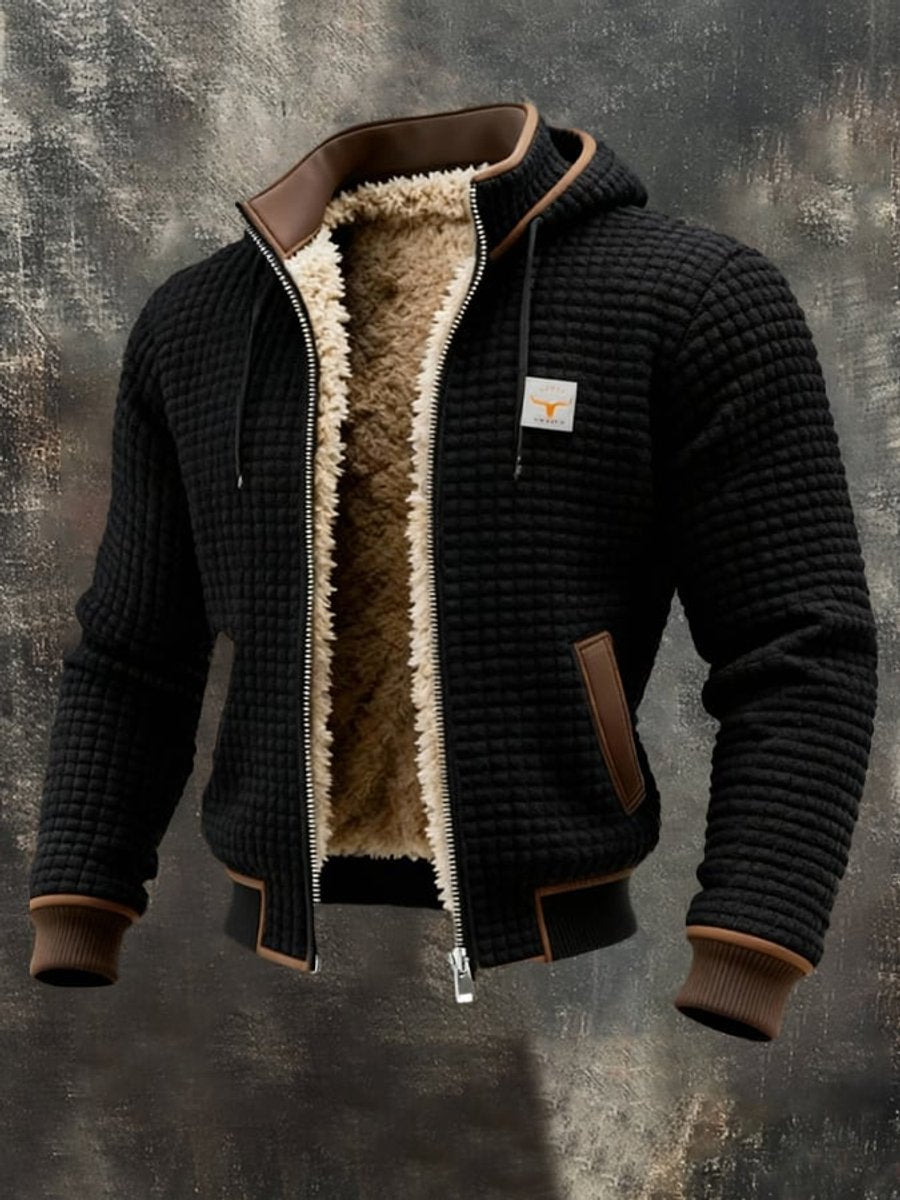 Mens Quilted Jacket Sherpa Fleece Lined Hooded Full-Zip - Black