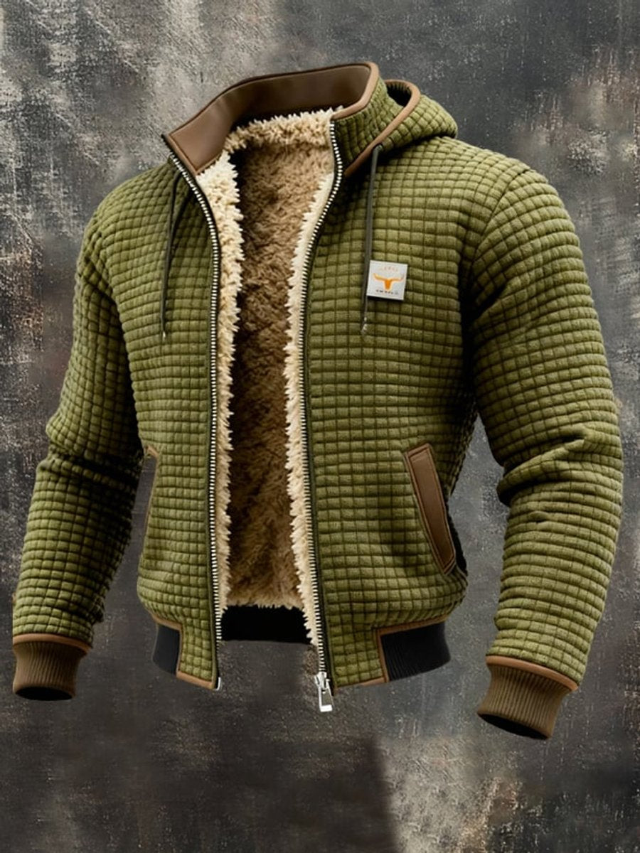 Mens Quilted Jacket Sherpa Fleece Lined Hooded Full-Zip - Olive Green