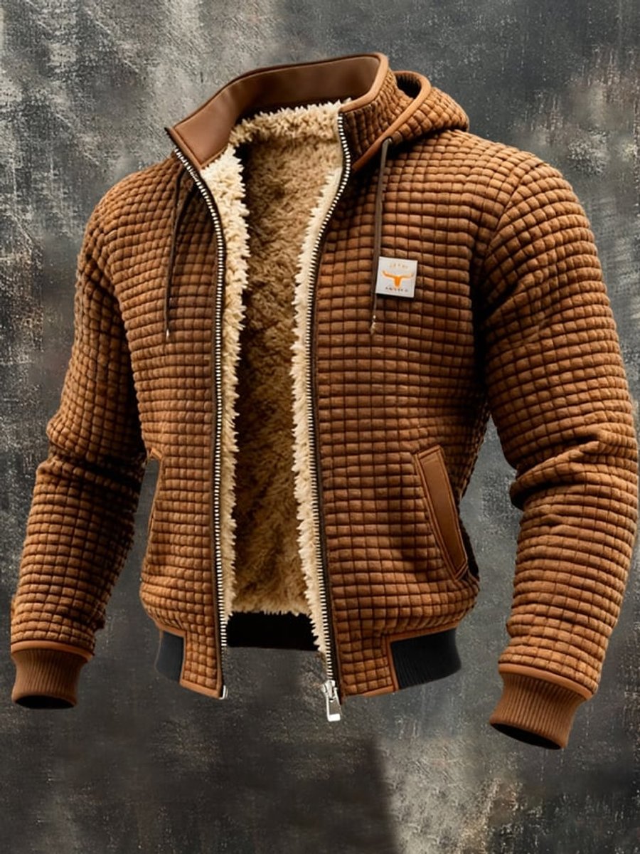 Mens Quilted Jacket Sherpa Fleece Lined Hooded Full-Zip - Brown