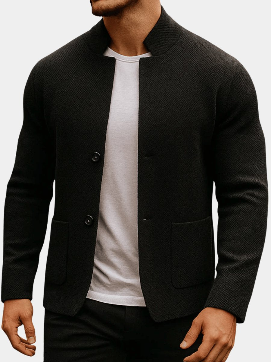 Mens Quilted Jacket Slim-Fit Knit-Texture Mandarin-Collar Blazer
