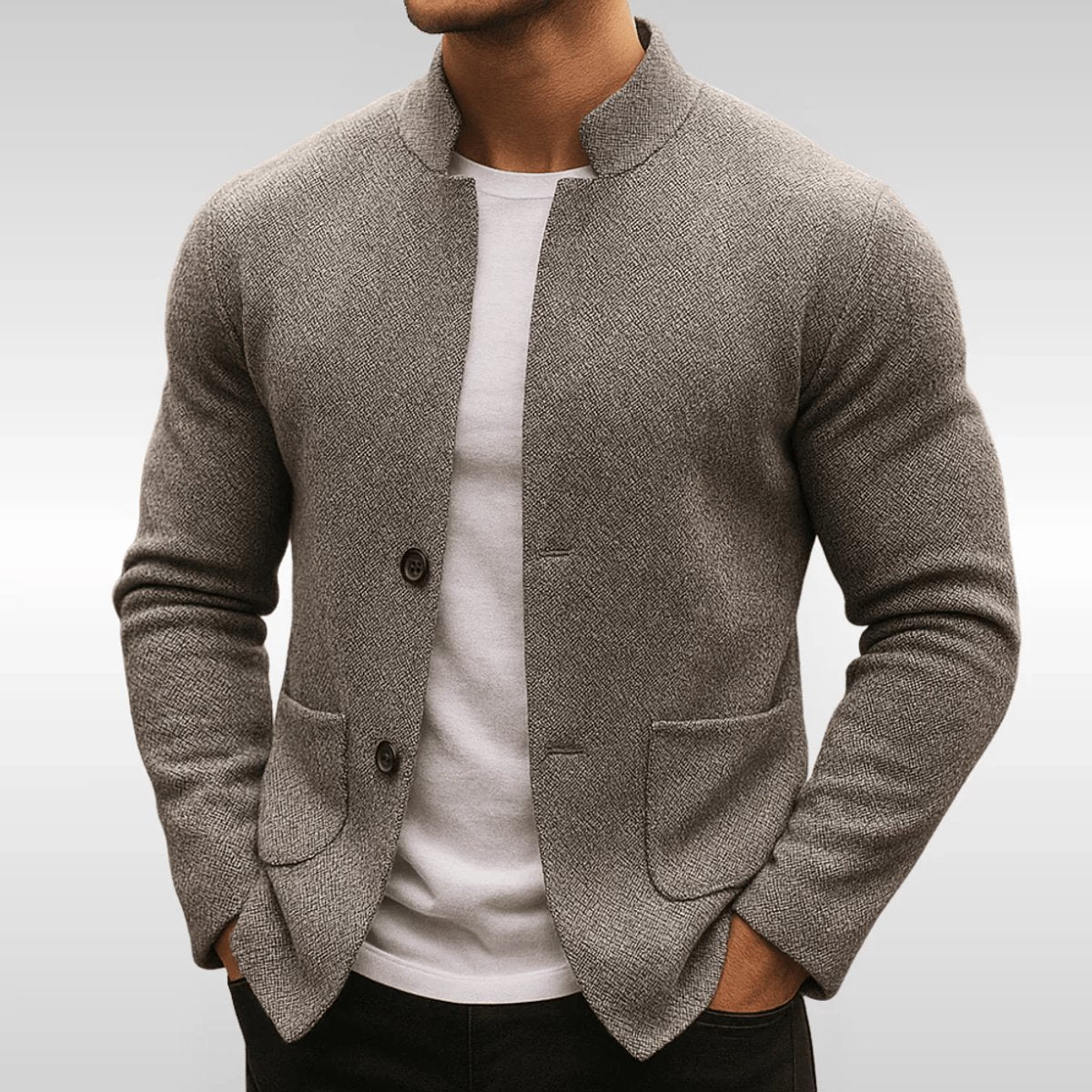 Mens Quilted Jacket Slim-Fit Knit-Texture Mandarin-Collar Blazer - Gray