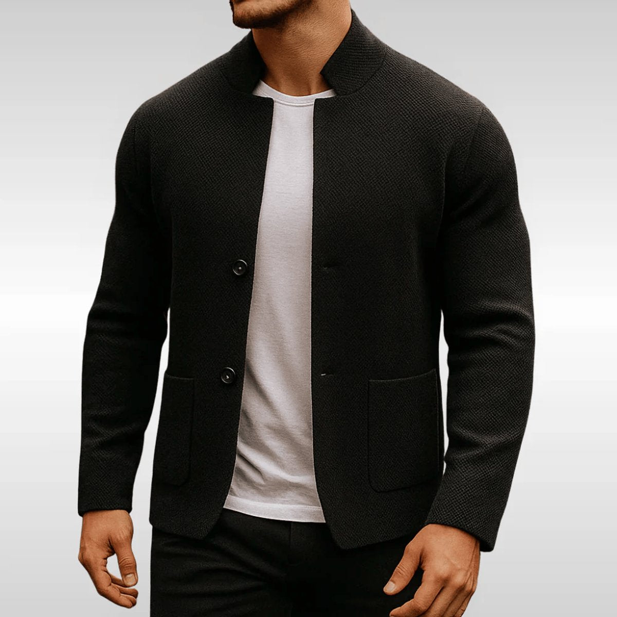 Mens Quilted Jacket Slim-Fit Knit-Texture Mandarin-Collar Blazer - Black