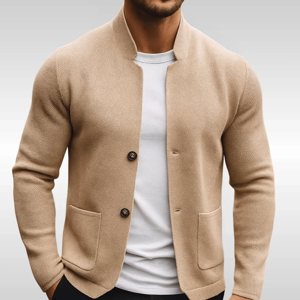 Mens Quilted Jacket Slim-Fit Knit-Texture Mandarin-Collar Blazer - Beige