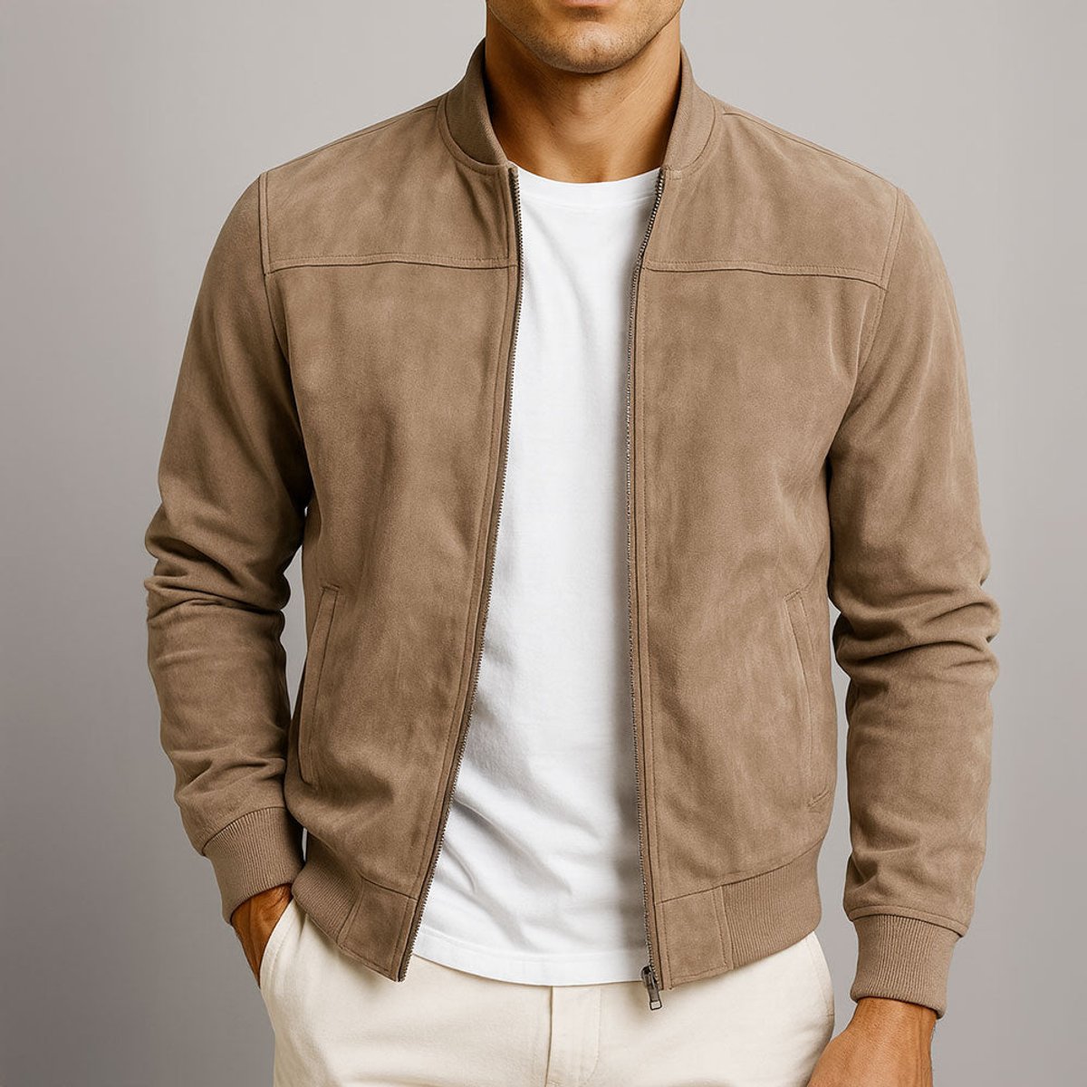 Mens Quilted Jacket Slim-Fit Suede Bomber - Brown