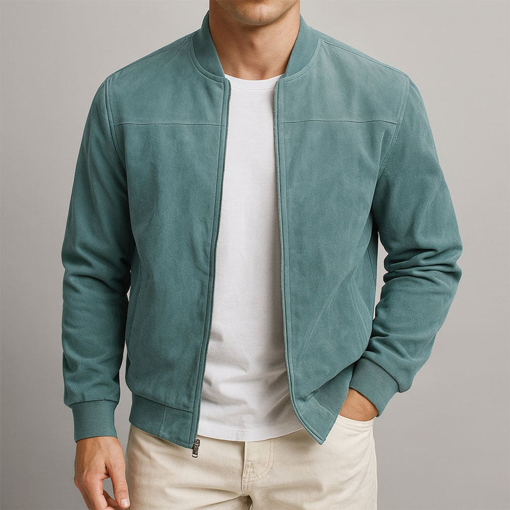 Mens Quilted Jacket Slim-Fit Suede Bomber - Blue