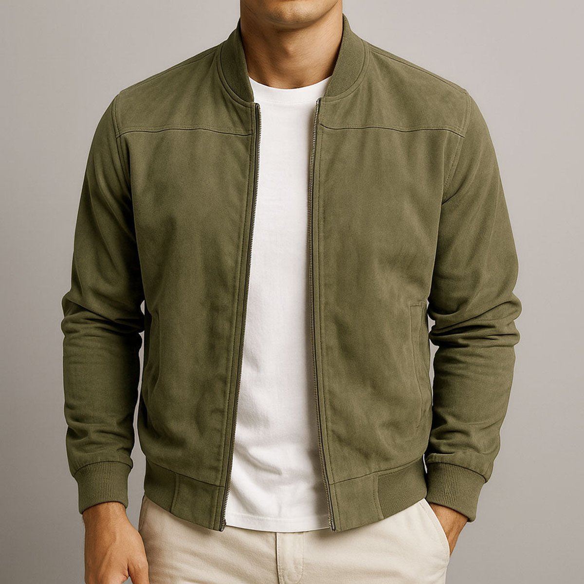 Mens Quilted Jacket Slim-Fit Suede Bomber - Green