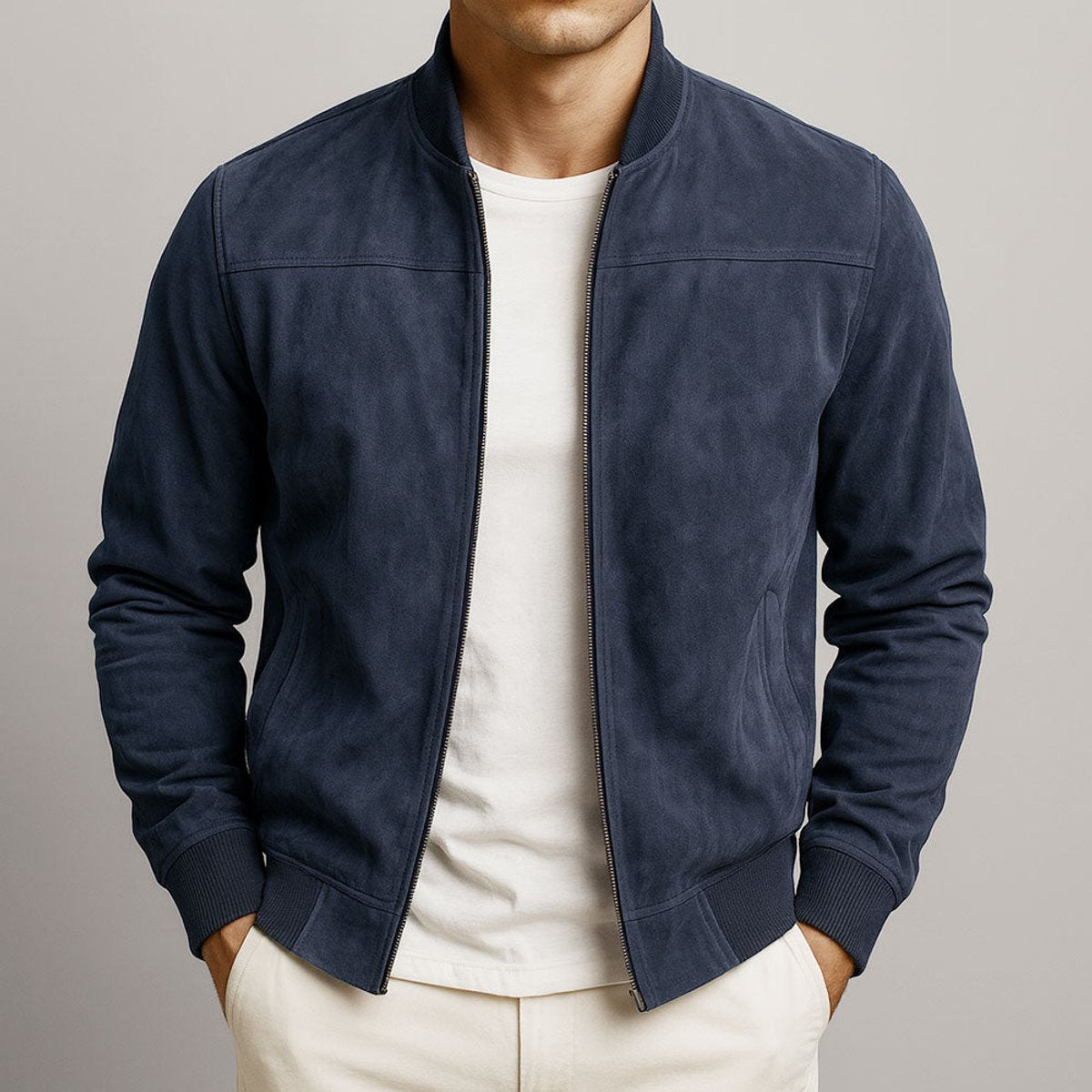 Mens Quilted Jacket Slim-Fit Suede Bomber - Navy Blue