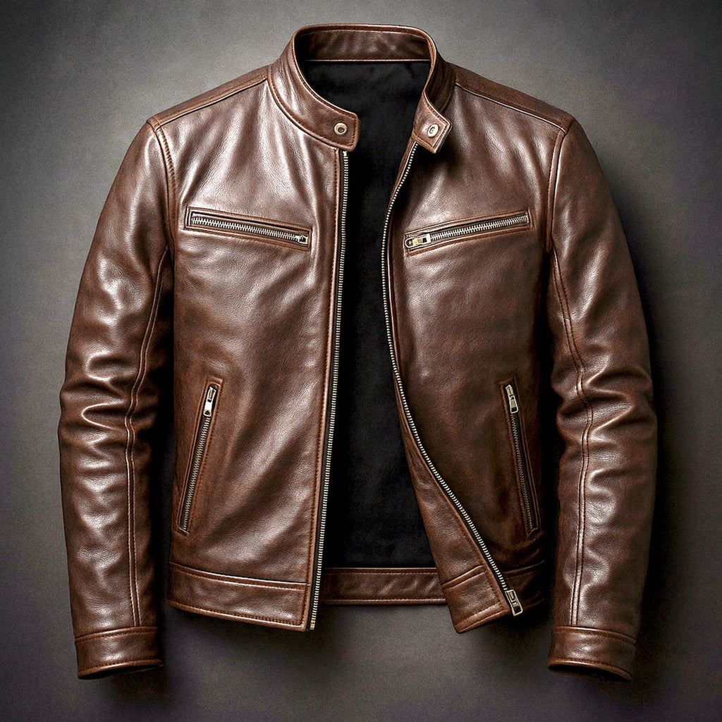 Mens Quilted Jacket Vintage Leather Biker Full-Zip - Cigar Brown