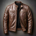 Mens Quilted Jacket Vintage Leather Biker Full-Zip - Cigar Brown