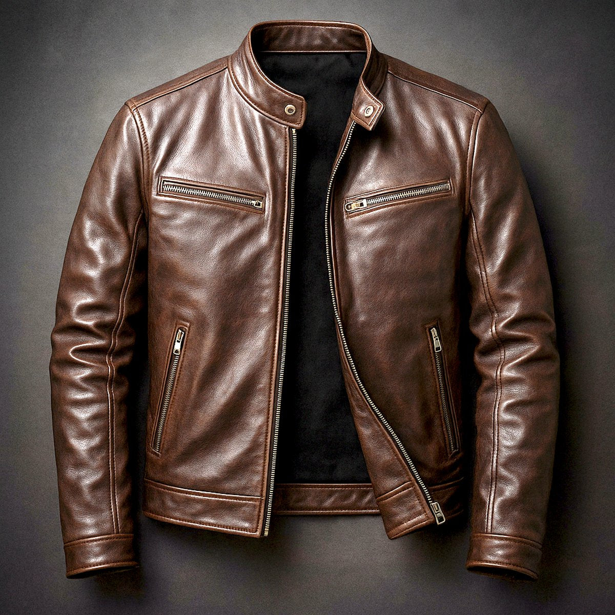 Mens Quilted Jacket Vintage Leather Biker Full-Zip - Cigar Brown