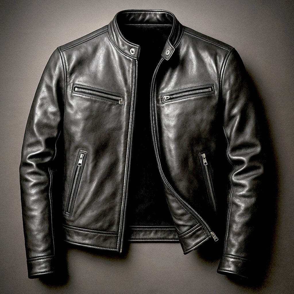 Mens Quilted Jacket Vintage Leather Biker Full-Zip - Biker Black