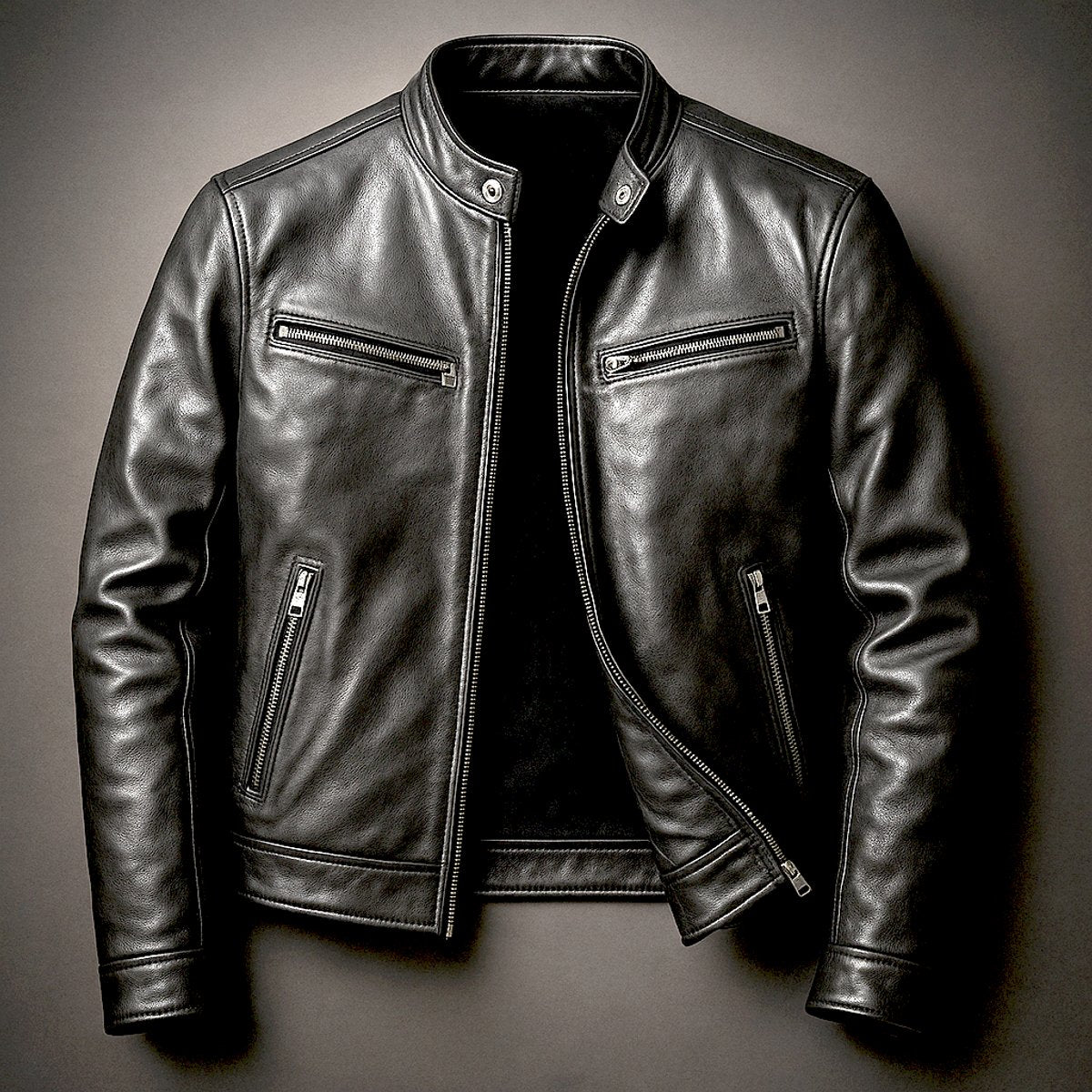 Mens Quilted Jacket Vintage Leather Biker Full-Zip - Biker Black