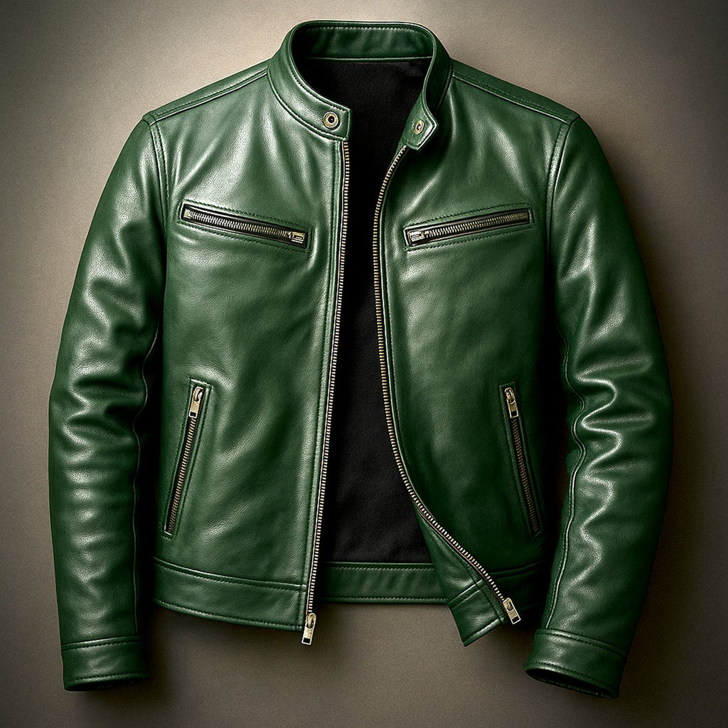 Mens Quilted Jacket Vintage Leather Biker Full-Zip - Forest Green