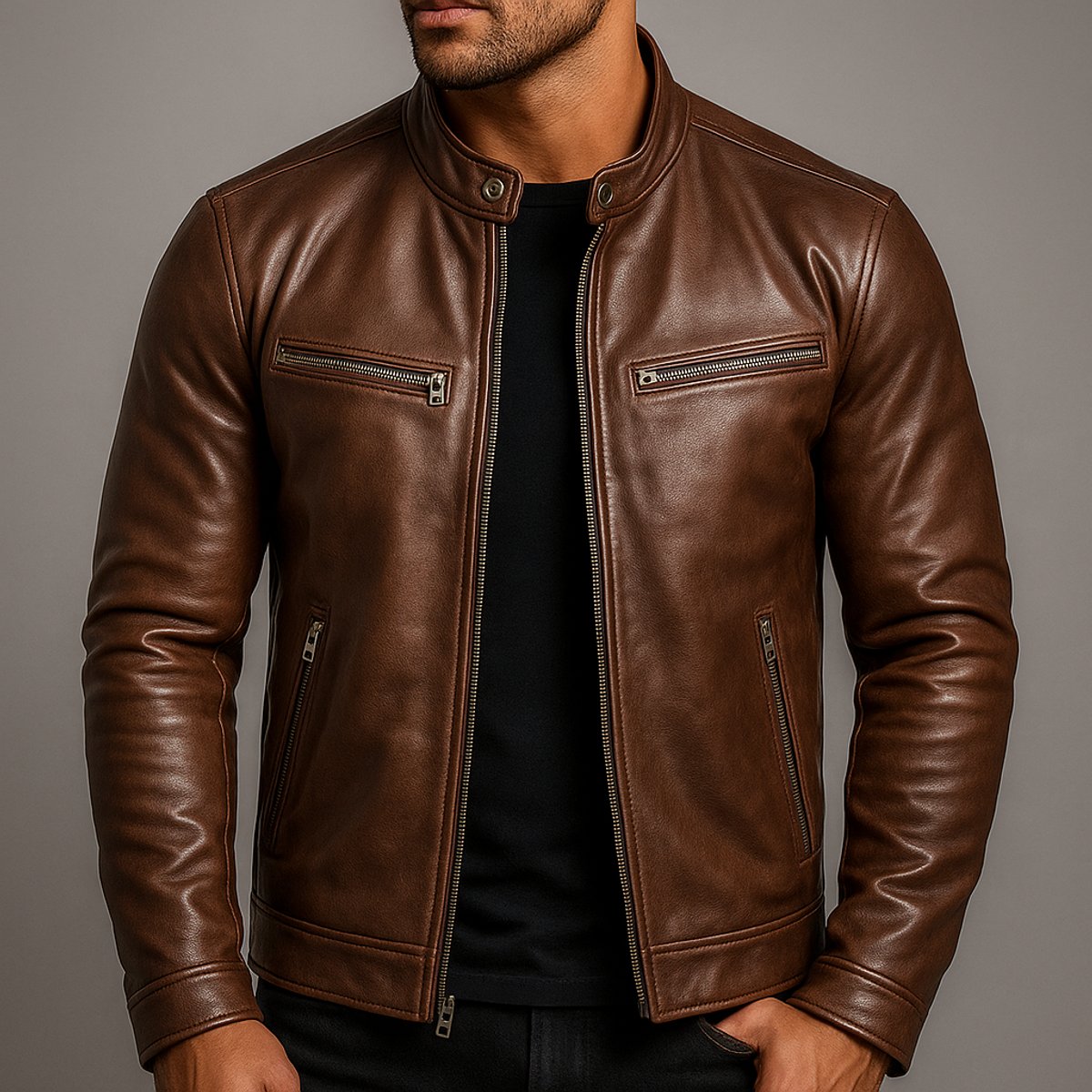 Mens Quilted Jacket Vintage Leather Biker Full-Zip