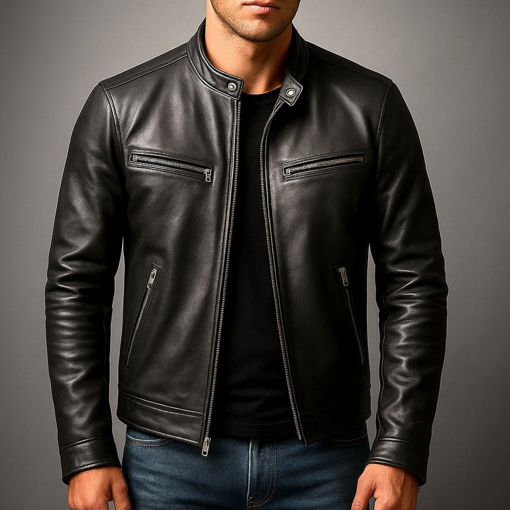 Mens Quilted Jacket Vintage Leather Biker Full-Zip