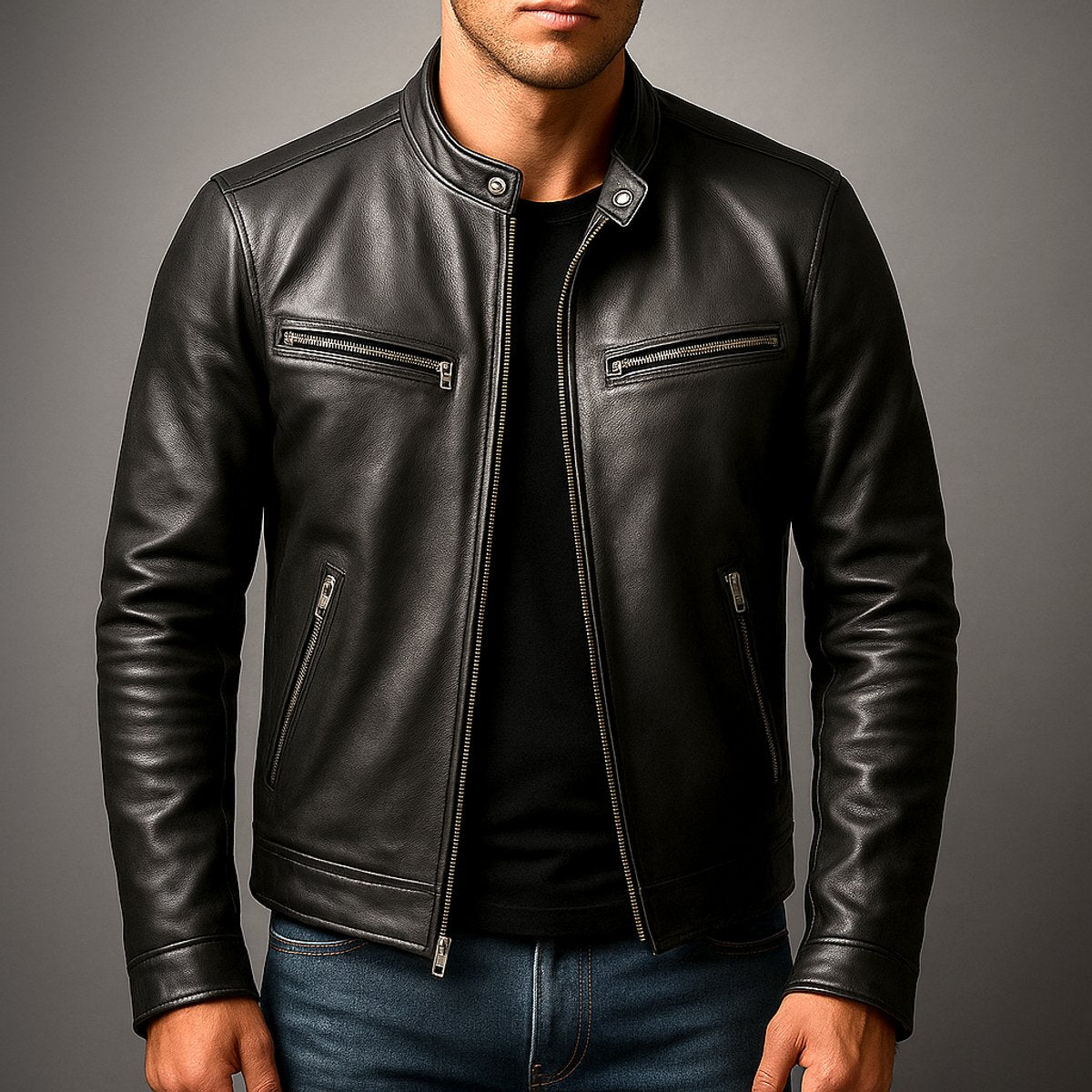 Mens Quilted Jacket Vintage Leather Biker Full-Zip
