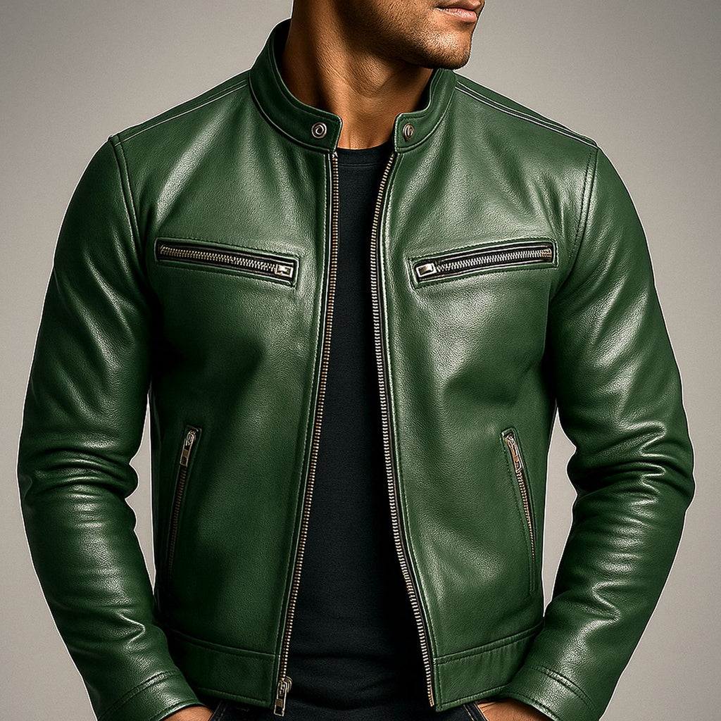 Mens Quilted Jacket Vintage Leather Biker Full-Zip