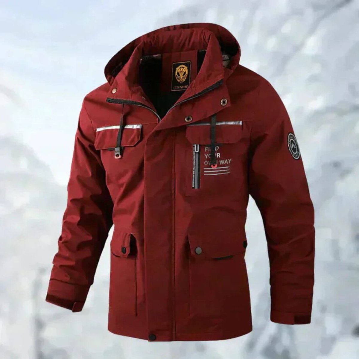Mens Quilted Jacket Waterproof Hooded Windproof Outdoor Coat - Red