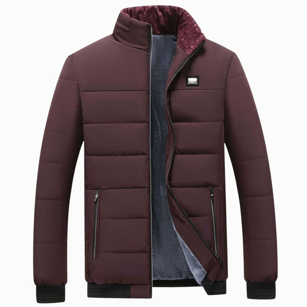 Men's Quilted Padded Stand-Collar Zip-Through Puffer Coat - Burgundy